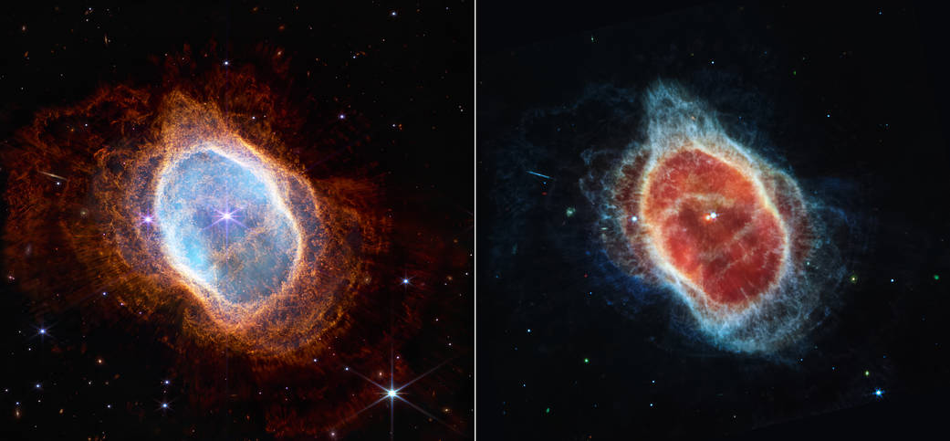 This side-by-side comparison shows observations of the Southern Ring Nebula in near-infrared light, at left, and mid-infrared light, at right, from NASA’s Webb Telescope.

This scene was created by a white dwarf star – the remains of a star like our Sun after it shed its outer layers and stopped burning fuel though nuclear fusion. Those outer layers now form the ejected shells all along this view.

In the Near-Infrared Camera (NIRCam) image, the white dwarf appears to the lower left of the bright, central star, partially hidden by a diffraction spike. The same star appears – but brighter, larger, and redder – in the Mid-Infrared Instrument (MIRI) image. This white dwarf star is cloaked in thick layers of dust, which make it appear larger. 

The brighter star in both images hasn’t yet shed its layers. It closely orbits the dimmer white dwarf, helping to distribute what it’s ejected.

Over thousands of years and before it became a white dwarf, the star periodically ejected mass – the visible shells of material. As if on repeat, it contracted, heated up – and then, unable to push out more material, pulsated. Stellar material was sent in all directions – like a rotating sprinkler – and provided the ingredients for this asymmetrical landscape.

Today, the white dwarf is heating up the gas in the inner regions – which appear blue at left and red at right. Both stars are lighting up the outer regions, shown in orange and blue, respectively.

The images look very different because NIRCam and MIRI collect different wavelengths of light. NIRCam observes near-infrared light, which is closer to the visible wavelengths our eyes detect. MIRI goes farther into the infrared, picking up mid-infrared wavelengths. The second star more clearly appears in the MIRI image, because this instrument can see the gleaming dust around it, bringing it more clearly into view.

The stars – and their layers of light – steal more attention in the NIRCam image, while dust pl